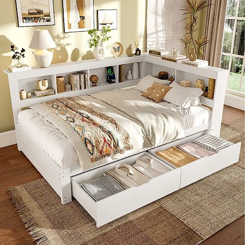 Lit Banquette 140x200 cm - Modenvie - rangement avec USB - Blanc
