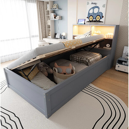 modfu Lit coffre 90x200 cm - Lit simple - Avec tête de lit avec LED - En bois - Gris