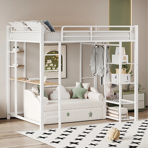 Lit Mezzanine 90x200 cm Modenvie avec bureau et rangement, Blanc