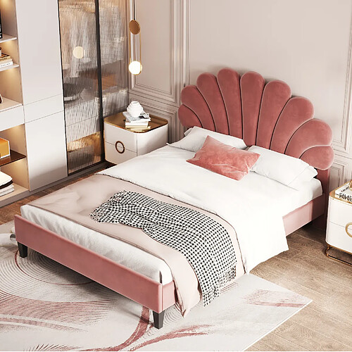 Lit Double 140x200 cm Modenvie sommier inclus tete de lit fleurie Rouge