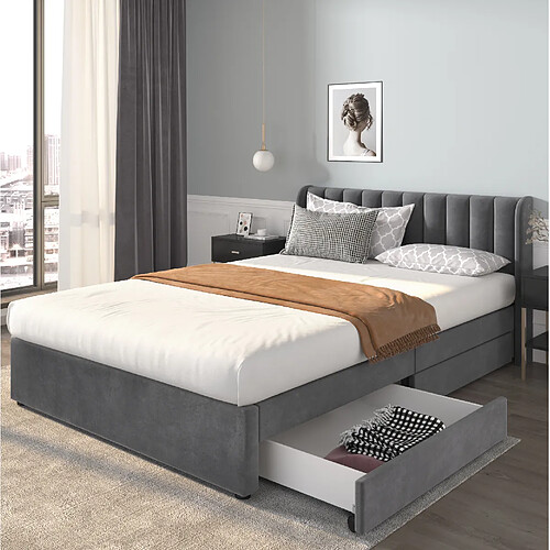 Lit Double Modenvie 160x200 cm avec 2 tiroirs et tête de lit - Gris