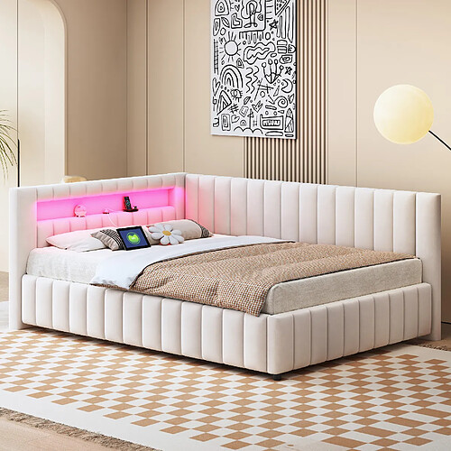 Canapé-Lit d'Angle Modenvie 140x200 cm avec LED et USB - Beige