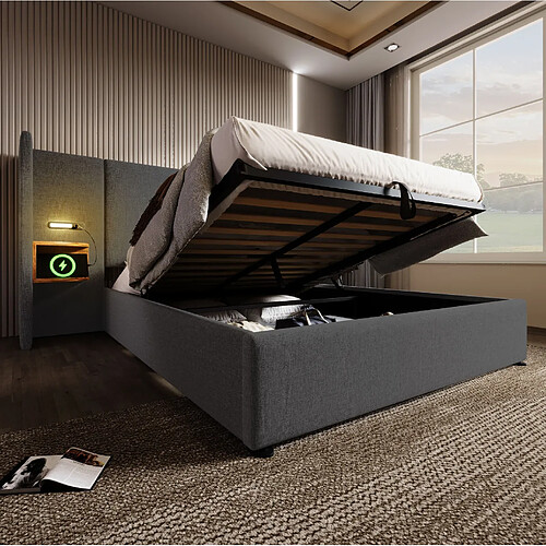 Lit Coffre 180x200 cm Modenvie avec USB-C, lampe de lecture et étagère gris