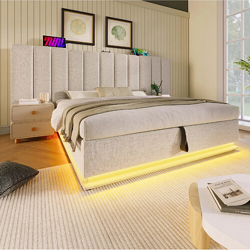 Lit coffre Modenvie 180x200 cm avec LED et USB, lin beige