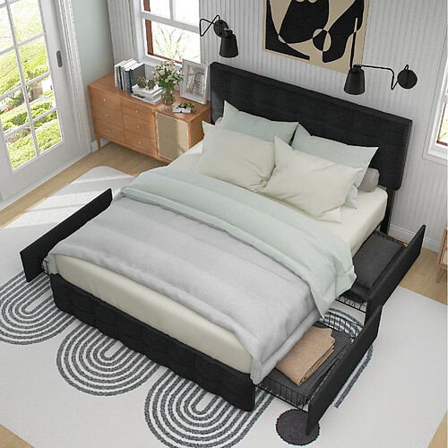 Lit Double Modenvie 140x200 cm avec 4 tiroirs et tête de lit réglable noir