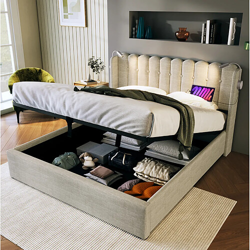 Lit Coffre 140x200 cm Modenvie avec USB et liseuse en lin Naturel