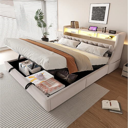 Lit Coffre 180x200 cm - Modenvie - LED et USB - Velours Beige