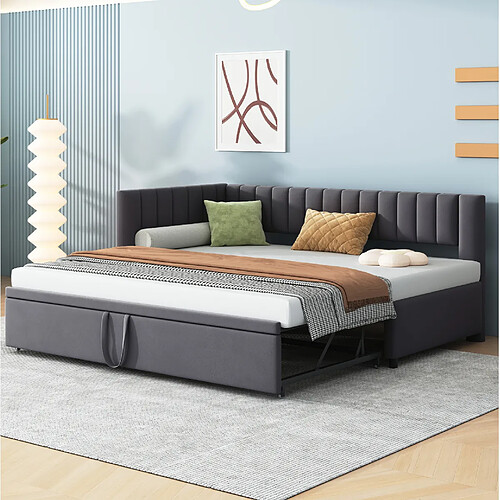 Canapé-lit d'angle Modenvie 90x200 cm, lit gigogne, velours Gris