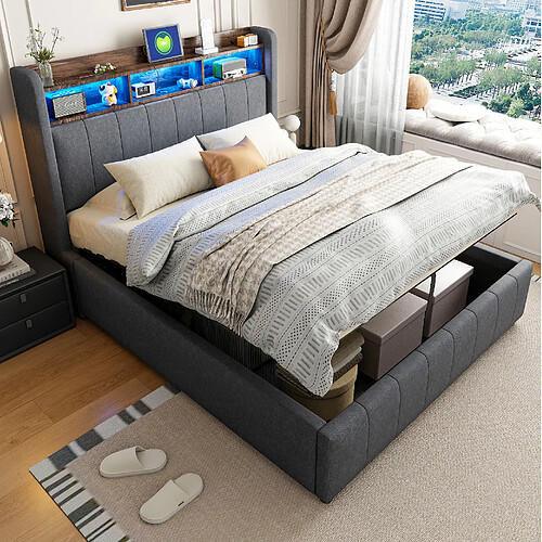 Lit Coffre 140x200 cm Modenvie avec LED et USB en tissu effet lin gris