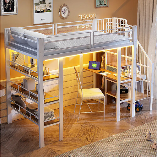 Lit mezzanine 90x200 cm Modenvie avec bureau et rangement blanc