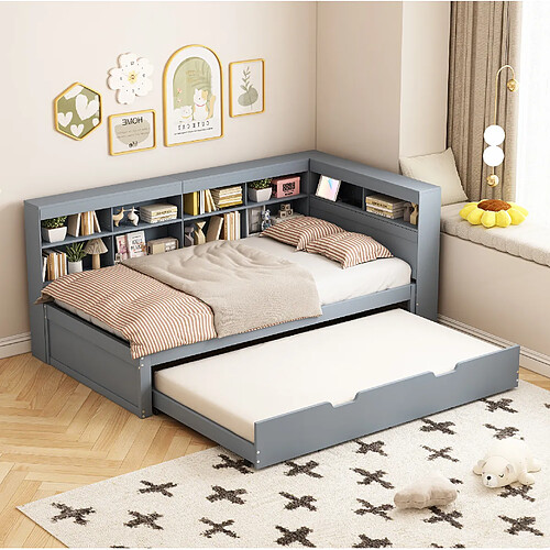 Lit Banquette Modenvie 90x200 cm - rangement USB - Bois Massif - Gris