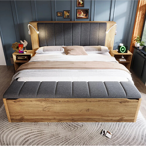 Lit Double 160x200 cm Modenvie avec USB et rangement - Chêne sans matelas