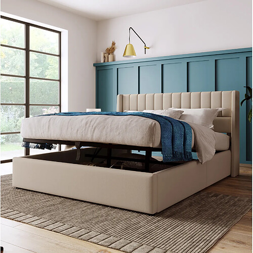 Lit Coffre Modenvie 160x200 cm avec rangement hydraulique en lin beige