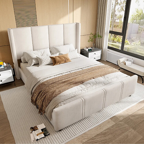 Lit Double 160x200 cm Modenvie avec USB et hautes têtes en velours beige
