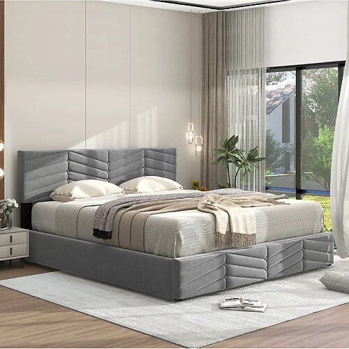 Lit Coffre 140x200 cm Modenvie rangement et tête réglable velours gris