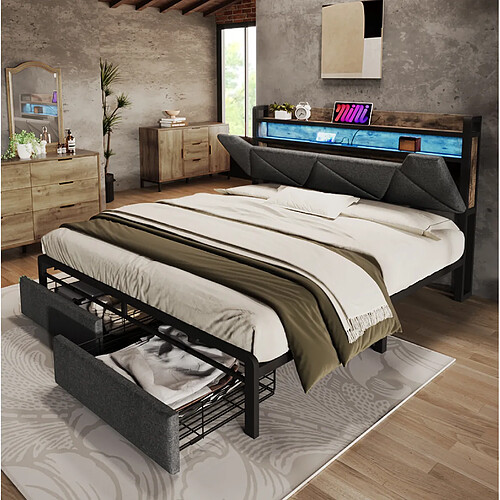 Lit Double 160x200 cm Modenvie avec rangement LED USB en tissu gris