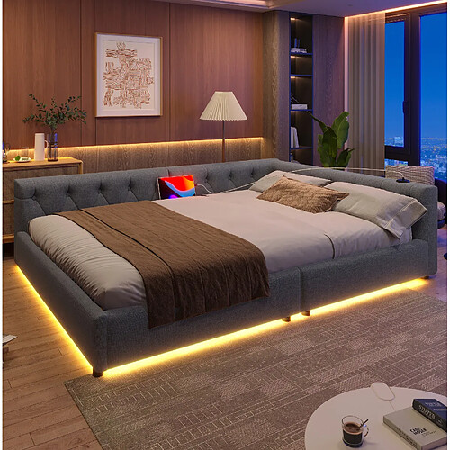 Lit Banquette Modenvie 140x200 cm LED USB Type-C lin gris