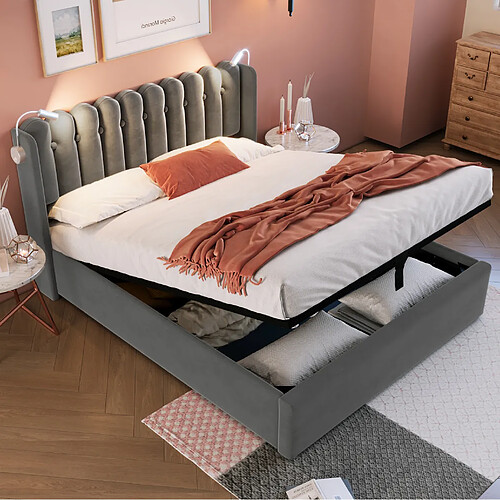Lit Coffre 140x200 cm Modenvie avec USB et liseuse en velours gris