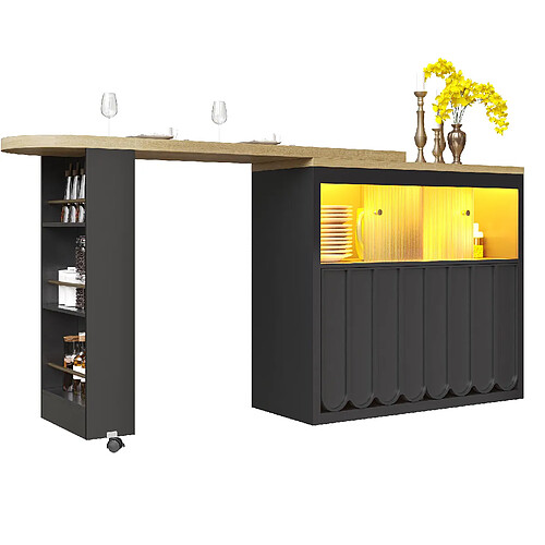 STILVORA Table bar extensible 135-205/39/100 cm noire en MDF et verre avec LED et roulettes