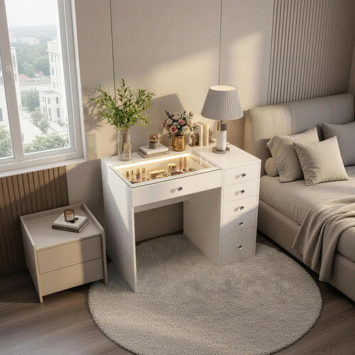 FENCHILIN Coiffeuse avec éclairage LED Blanc 92 cm 6 Tiroir