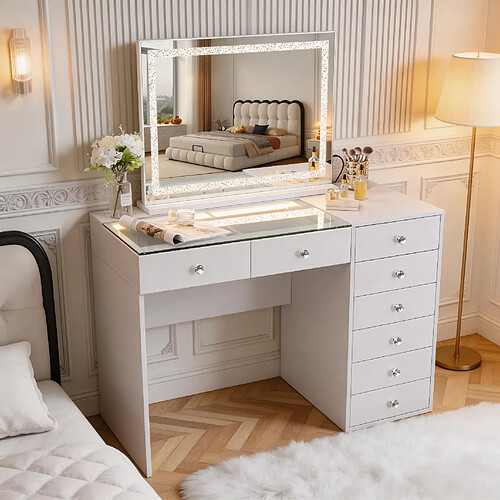 FENCHILIN Coiffeuse avec Miroir à Éclairage LED Dimmable Blanc 120cm 8 Tiroirs Miroir 80x 58 cm