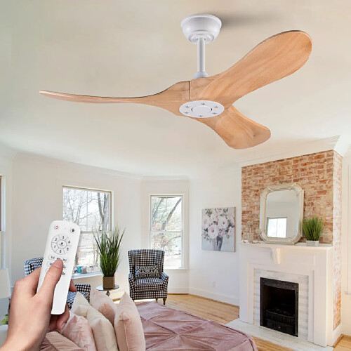 MIVRAY Ventilateur de plafond, fonction mémoire, télécommande, métal blanc et bois naturel
