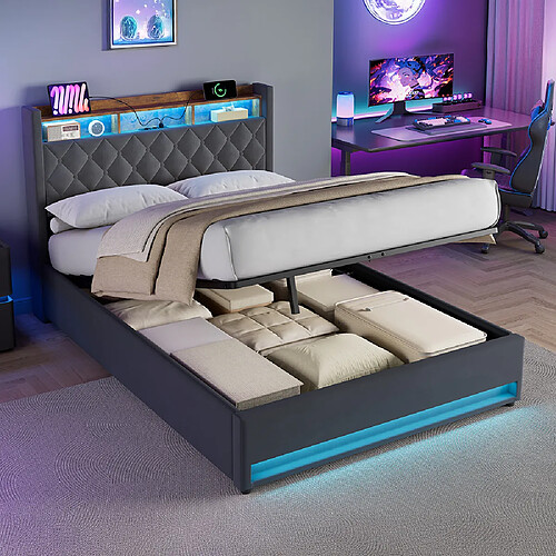 Lit Double 140x200 cm - Modenvie - sommier inclus et revêtement velours - Gris foncé