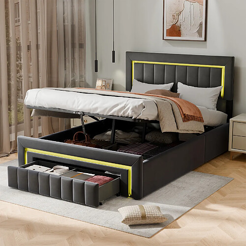Lit coffre 140x200 cm Modenvie avec LED et tiroir en velours gris