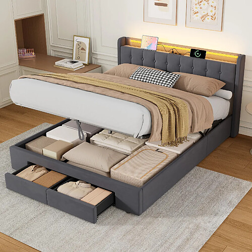 Lit Enfant 160x200 cm - Modenvie - LED et USB - velours