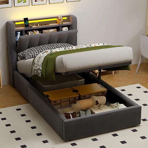 Lit Coffre 90x200 cm Modenvie avec LED et USB en velours