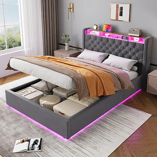 Lit Coffre Modenvie 140x200 cm avec LED et étagère tête de lit gris