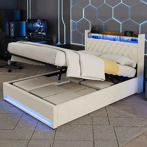 Lit Coffre Modenvie 140x190 cm avec USB et LED en velours beige
