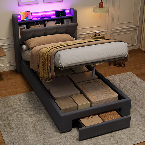 Lit Enfant 90x200 cm - Modenvie - LED et USB avec rangement - velours
