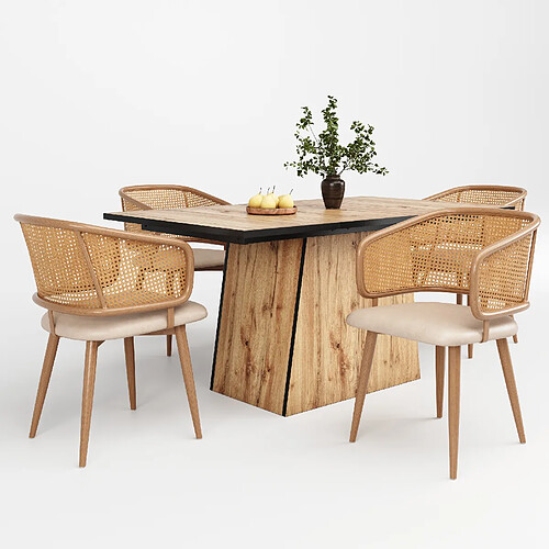 STILVORA Chaise de salle à manger 47/51/79 cm beige et brun en fer avec dossier en rotin