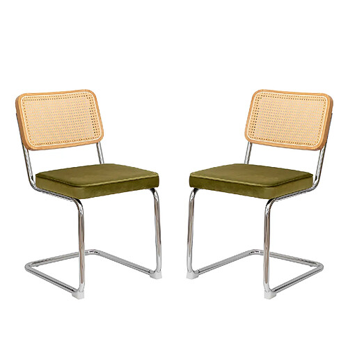 STILVORA Lot de 4 chaises de salle à manger vertes en velours et rotin avec piètement chromé