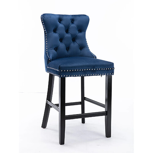 STILVORA Tabouret de bar bleu en velours avec dossier haut et pieds en bois massif