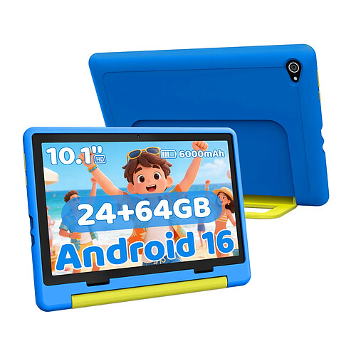 byxsb Tablette Enfant Android 16 10,1", 24 Go RAM, 64 Go ROM, Coque avec Support