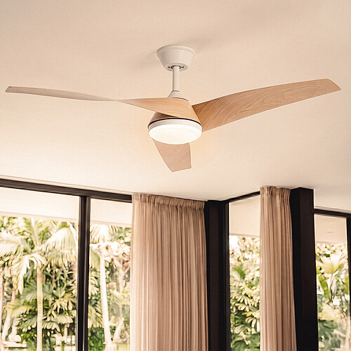 Ledkia Ventilateur de Plafond avec Éclairage Silencieux DC Eubea Bois Télécommande Grand