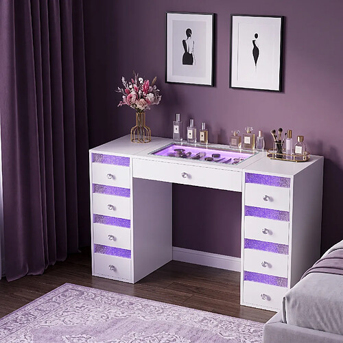 FENCHILIN Coiffeuse avec éclairage LED Blanc 130 cm+ 9 Tiroir