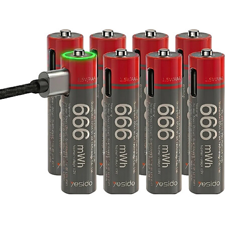 Yesido Lot de 8 Piles AA Lithium-Ion 440mAh 1.5V 666mWh Rechargeables USB-C Noir / Rouge