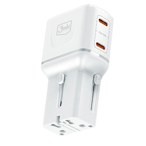 3mk Chargeur pour Smartphone / Tablette 2x USB-C 45W avec Prises UK / EU / US / AUS Blanc