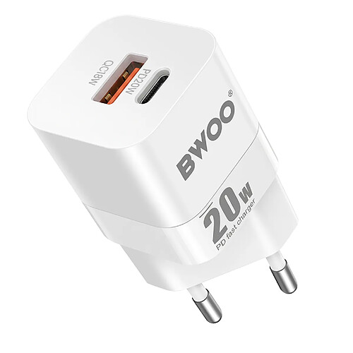 Bwoo Chargeur Secteur Rapide Universel Double Port USB-C et USB 20W Blanc