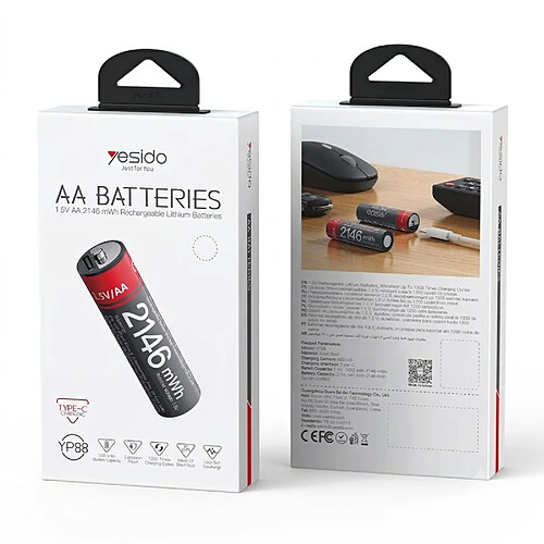 Yesido Lot de 4 Piles AA Lithium-Ion 1430mAh 1.5V 2146mWh Rechargeables USB-C Noir / Rouge