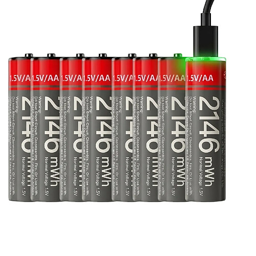 Yesido Lot de 8 Piles AA Lithium-Ion 1430mAh 1.5V 2146mWh Rechargeables USB-C Noir / Rouge