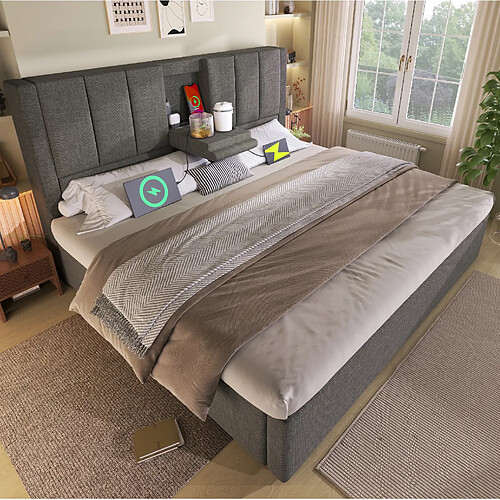 Lit Coffre 160x200 cm Modenvie avec USB et rangement hydraulique Gris