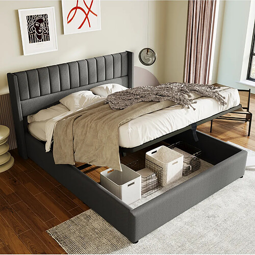 Lit Coffre 160x200 cm Modenvie avec rangement et sommier en lin gris