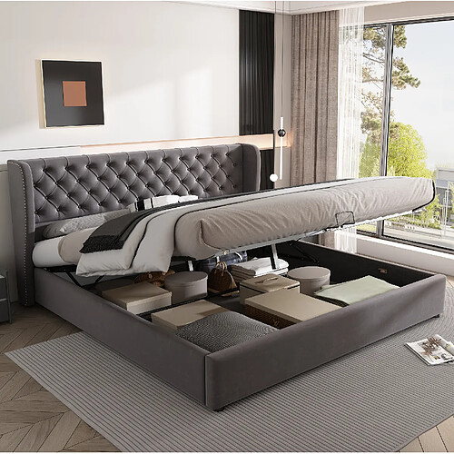 Lit Coffre Modenvie 180x200 cm rangement hydraulique velours gris