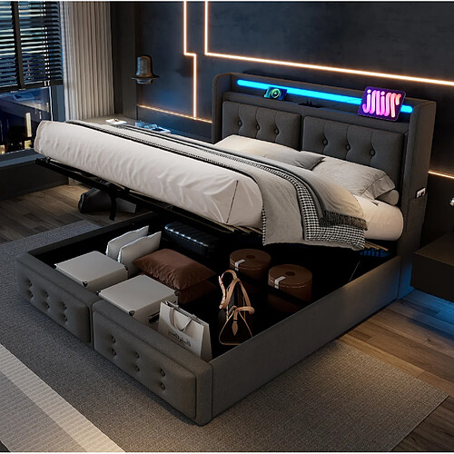 Lit Coffre 160x200 cm - Modenvie - USB et LED - tissu gris