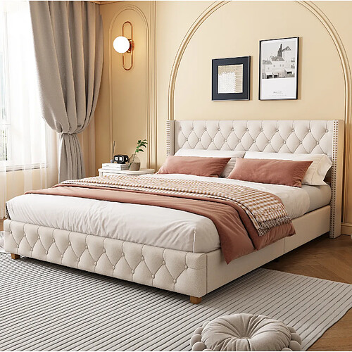 Lit Double capitonné Modenvie 140x190 cm en lin beige avec rivets