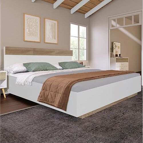 Lit Double 160x200 cm Modenvie avec sommier inclus sans matelas blanc chêne